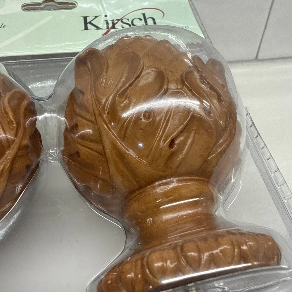 Vintage Pair of Kirsch (Warm Oak) Oak Leaf Finials Fits 1 3/8 Diameter Pole NOS